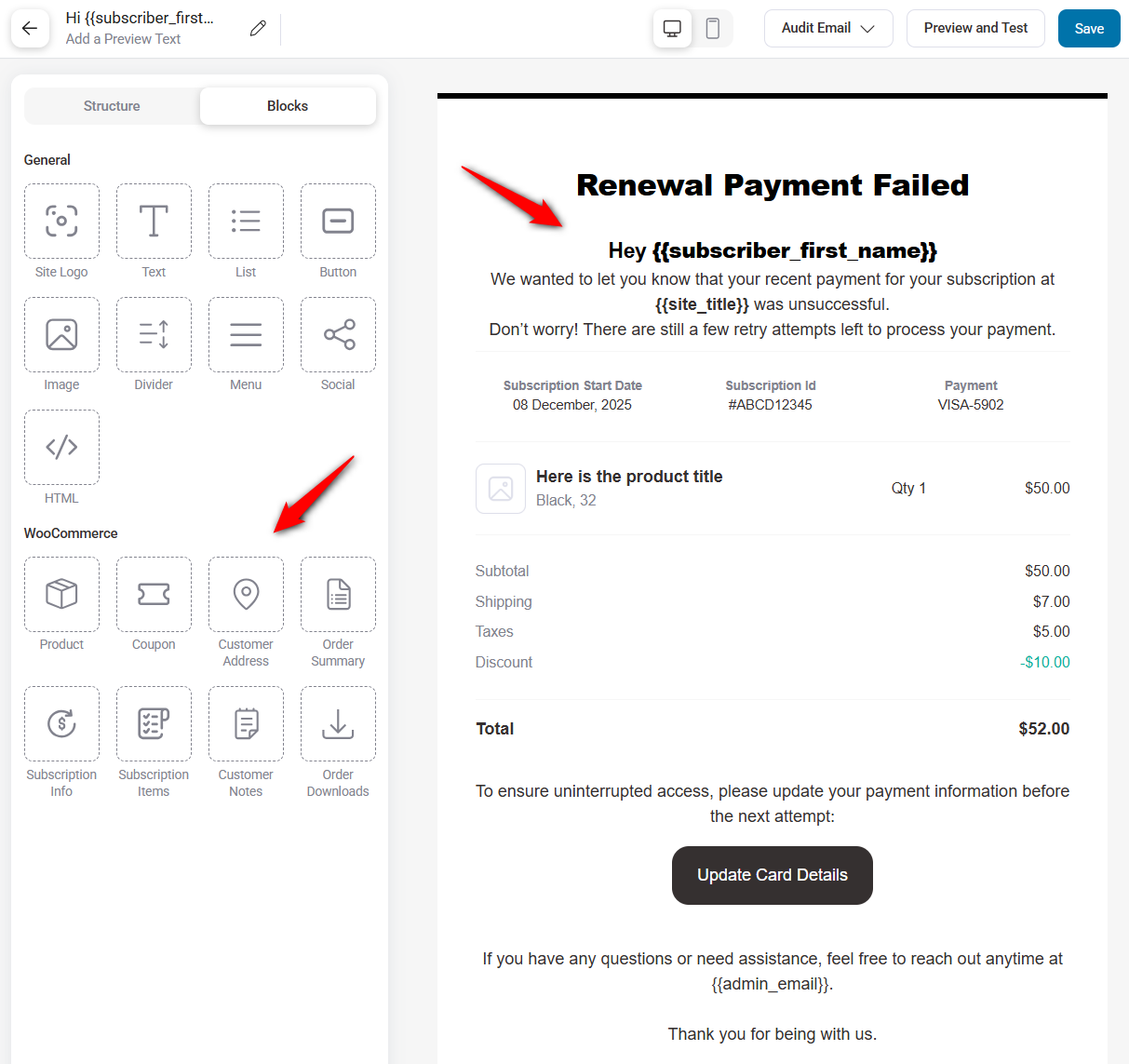 customize your subscription email with sublium's built-in drag and drop visual builder