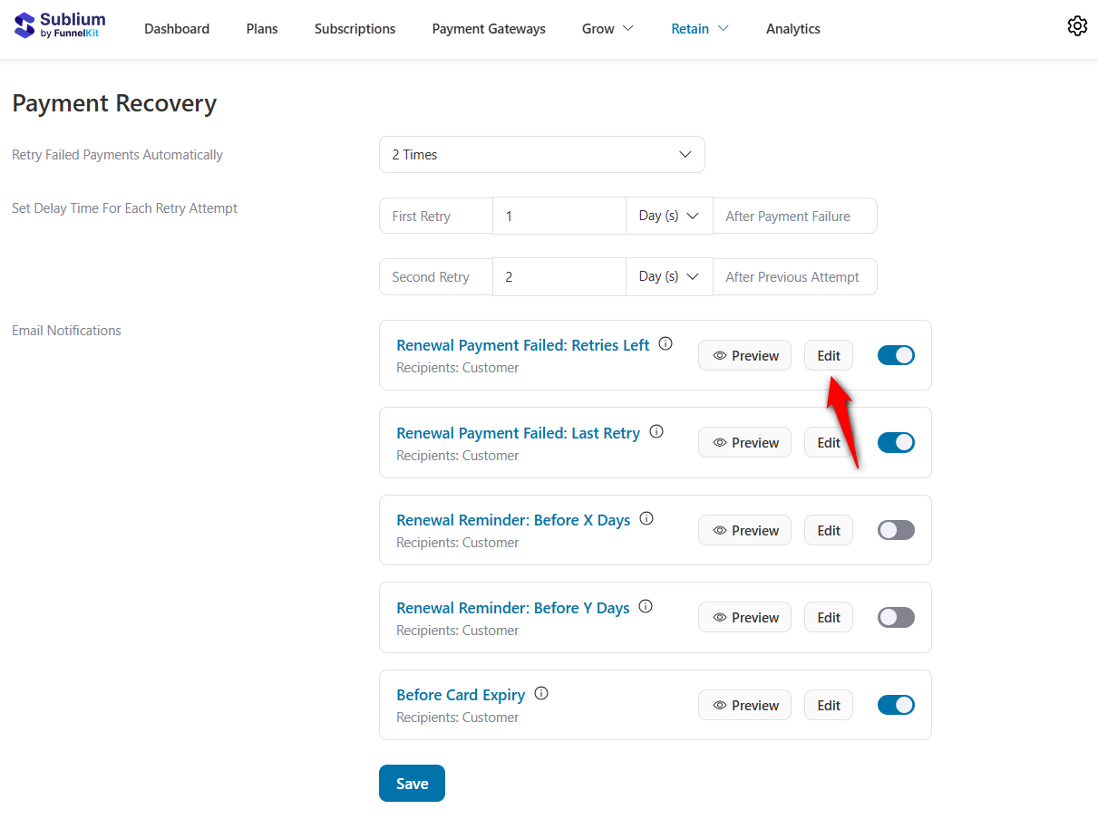click edit to customize your woocommerce subscription emails