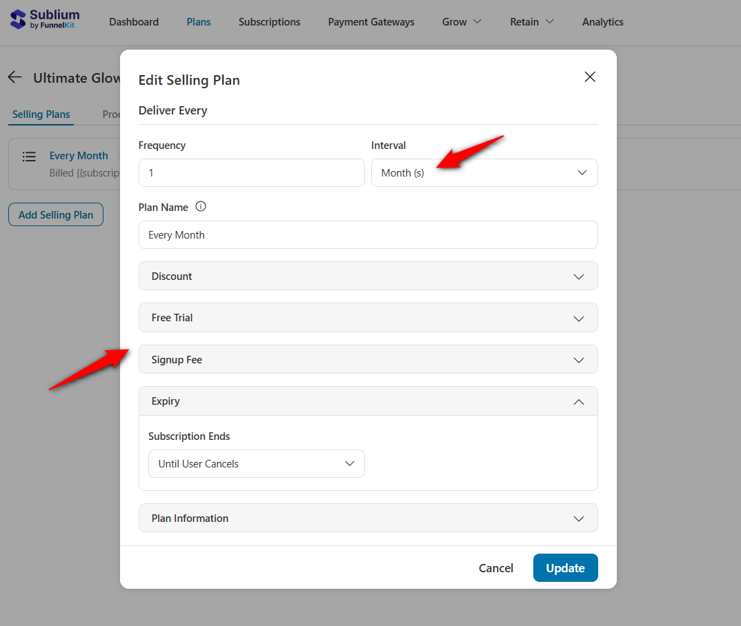 configure billing frequency, signup fee, discount for the subscription plan