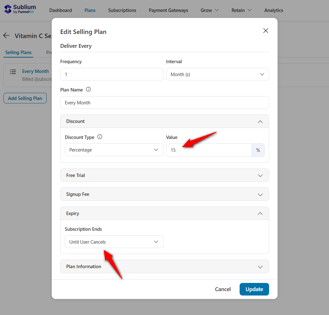 edit woocommerce selling plan with 15% recurring discount and no free trials or signups