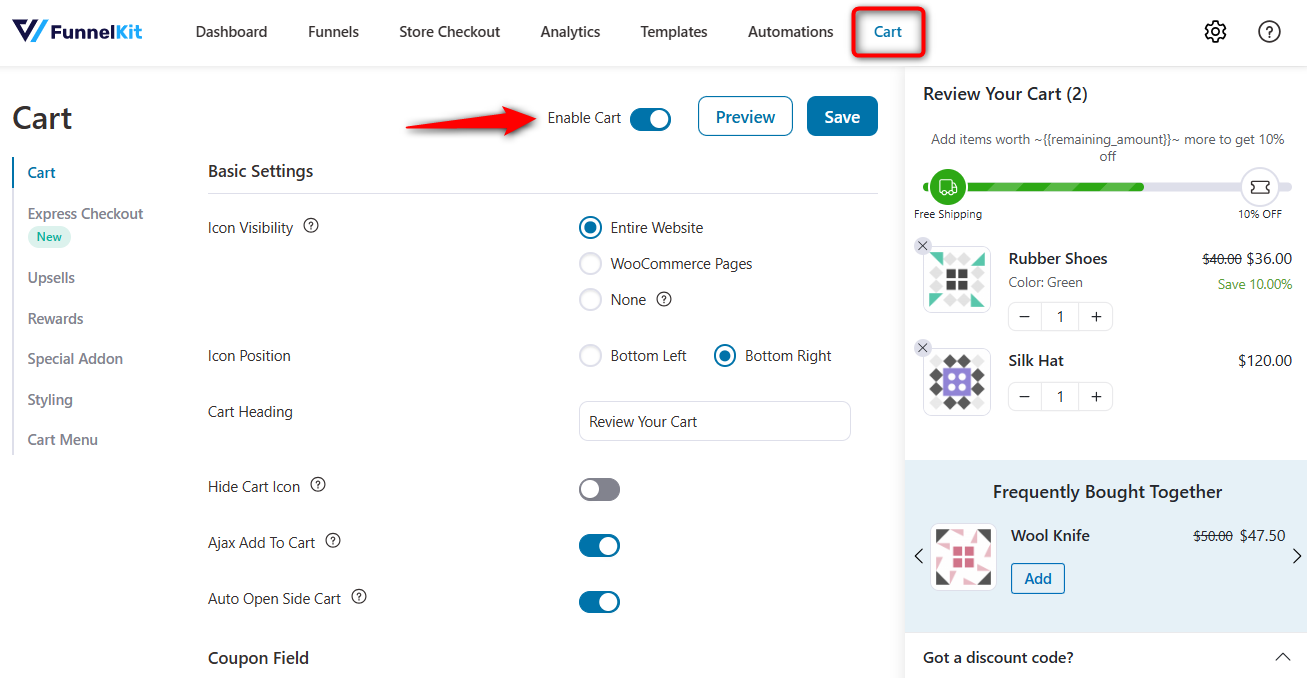 enable funnelkit cart for woocommerce