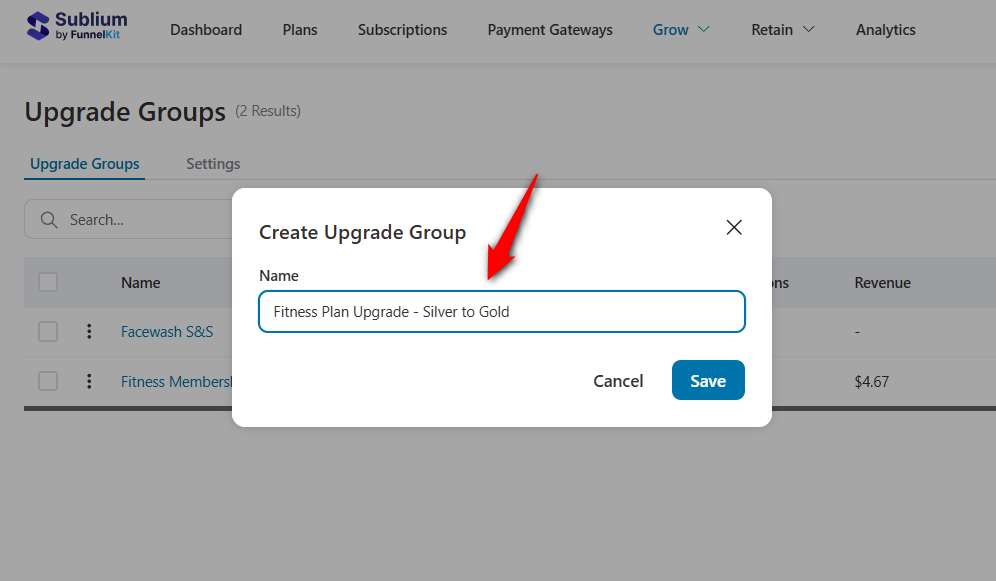 enter the name of your upgrade group and click on save