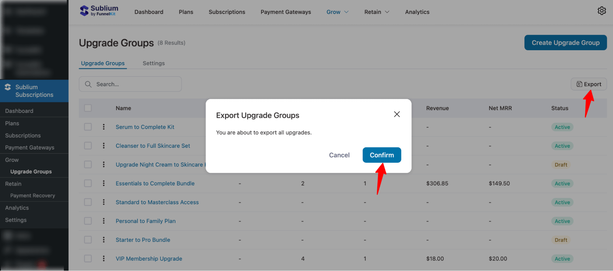 export all Upgrade Groups in Sublium Subscriptions