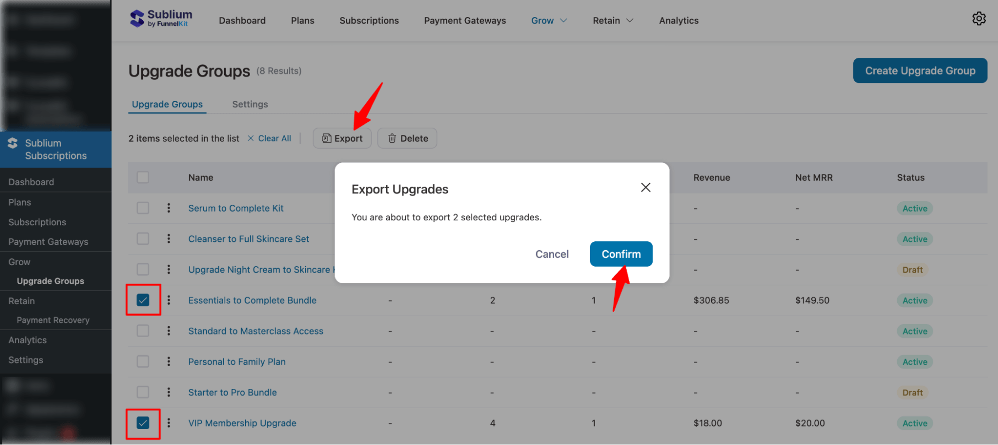 export selected Upgrade Groups in Sublium Subscriptions