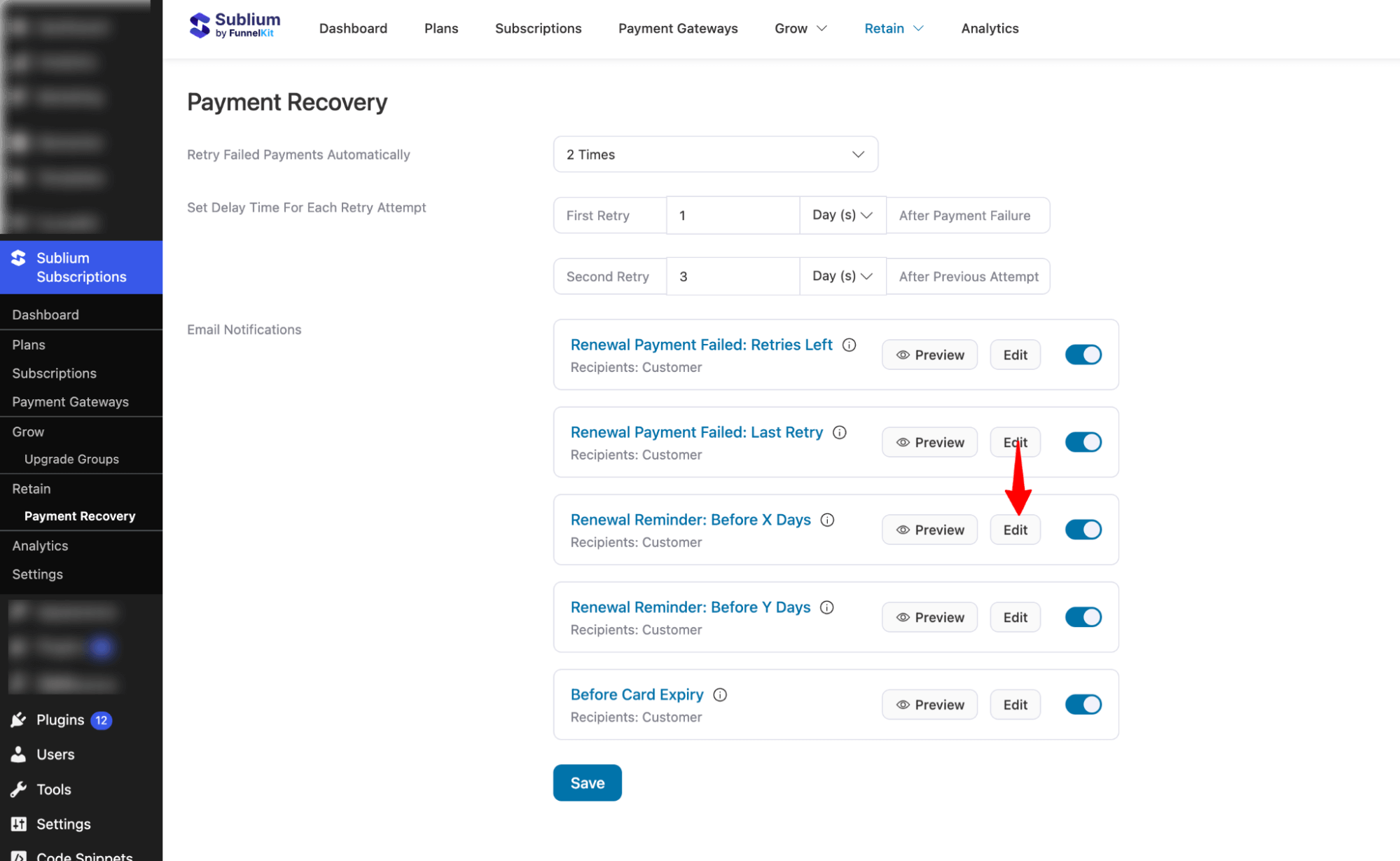 hit edit for renewal reminder before X days