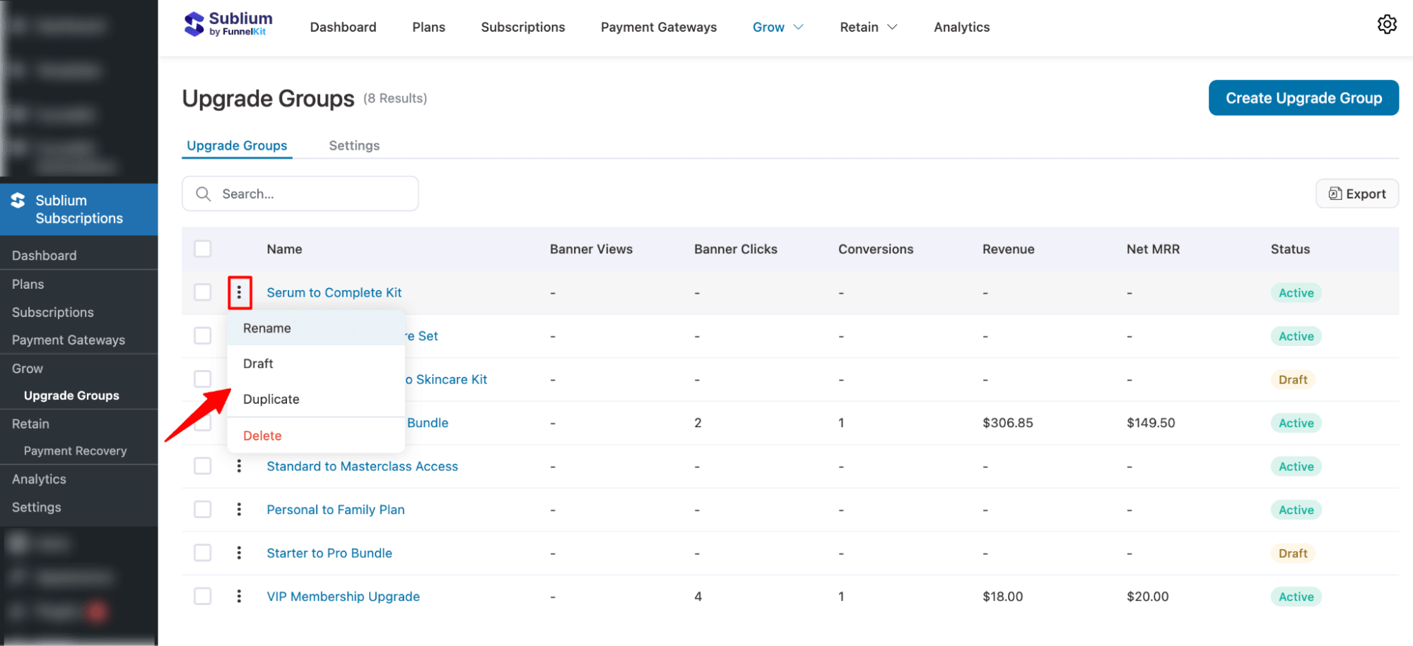 manage Upgrade Groups in Sublium Subscriptions