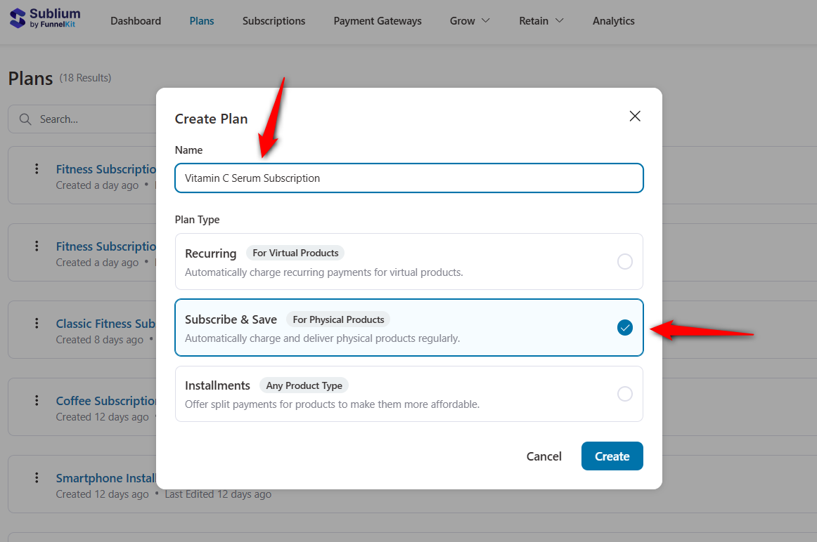Name your woocommerce subscription plan, select subscribe and save and click on create