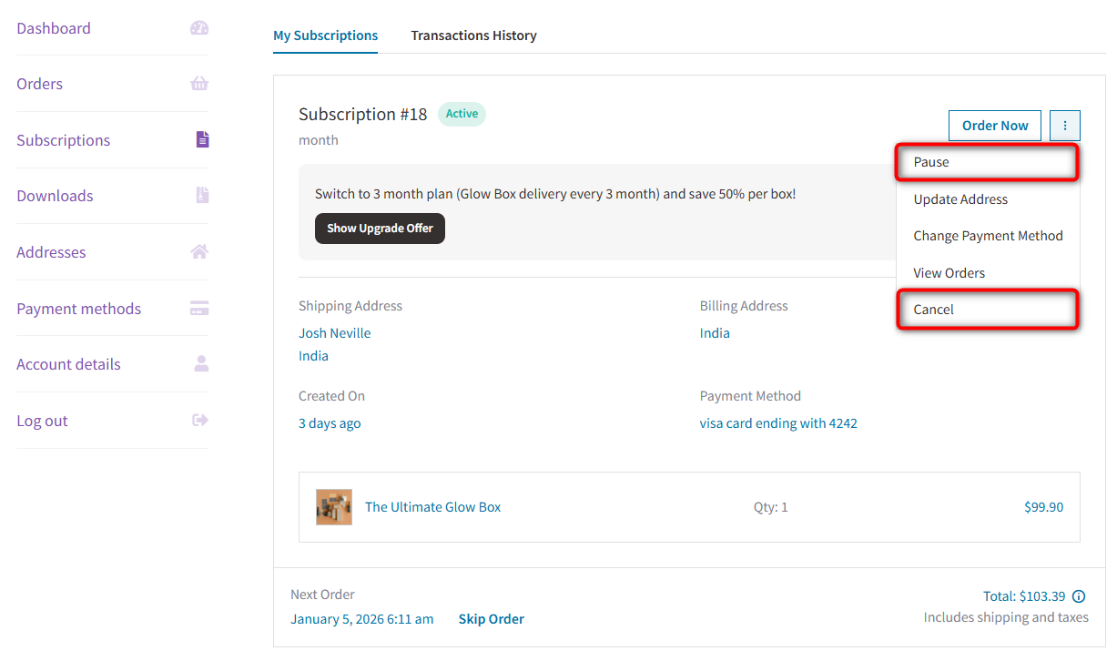 pause and cancel woocommerce subscriptions