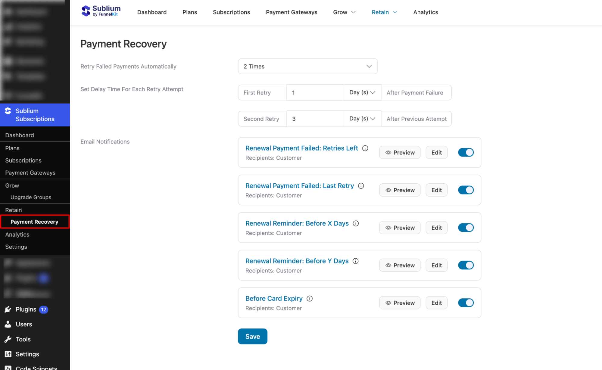 payment recovery emails of Sublium Subscriptions