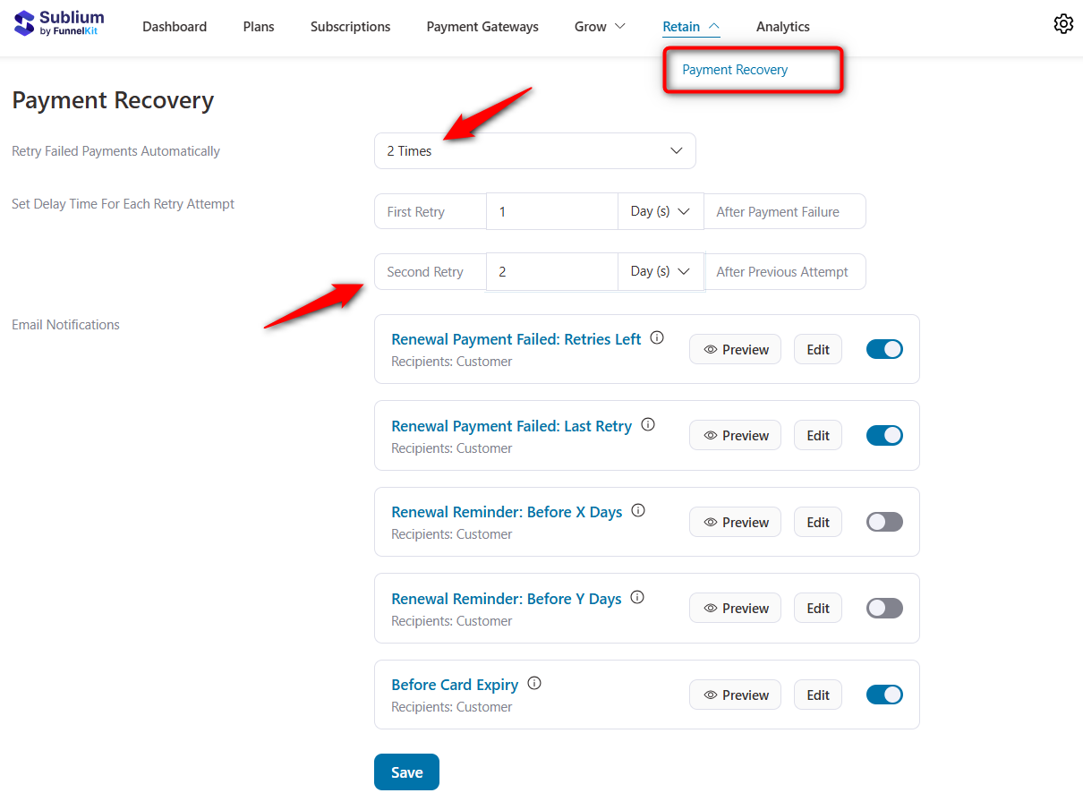configure number of payment retries and delay time for subscription failure