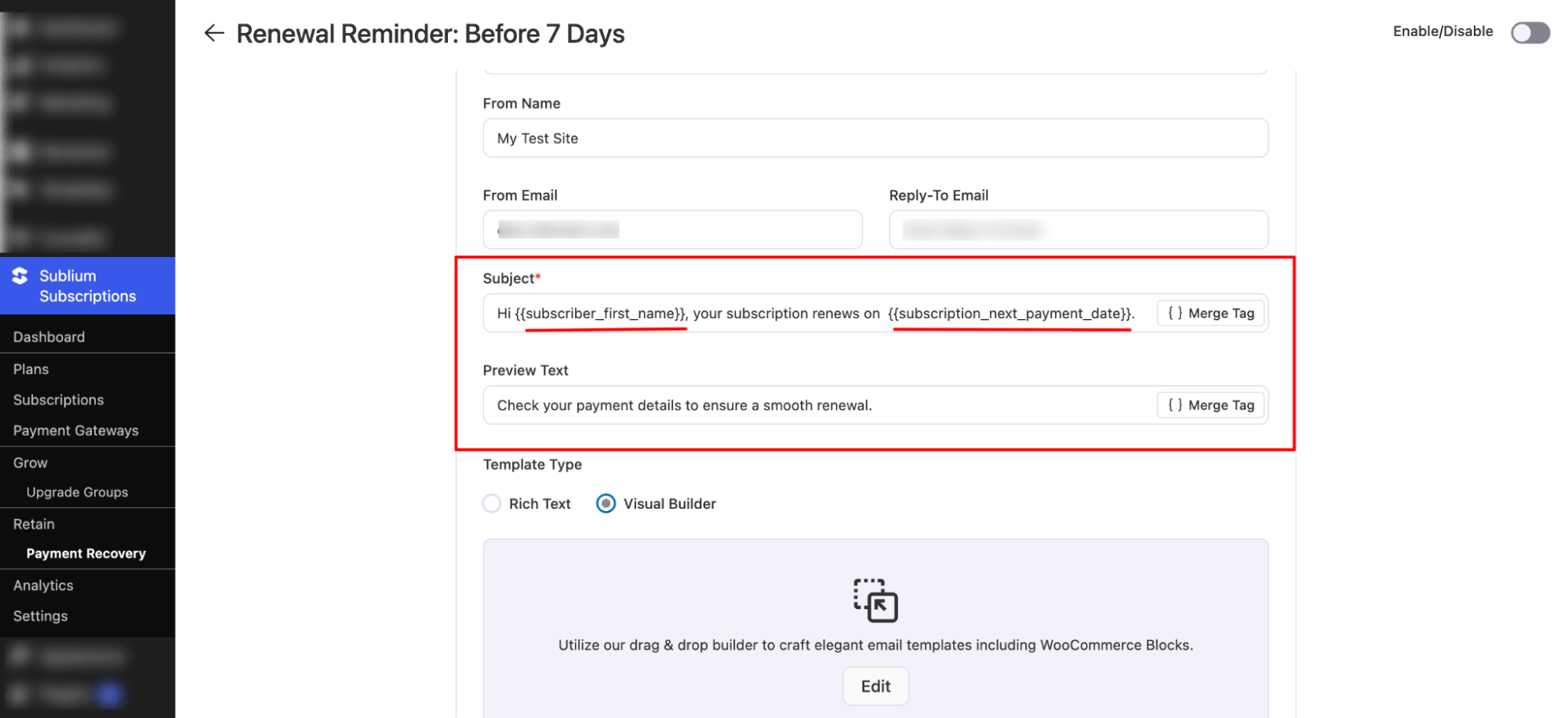 personalize subject and preview text for Automated WooCommerce Subscription Reminder Emails