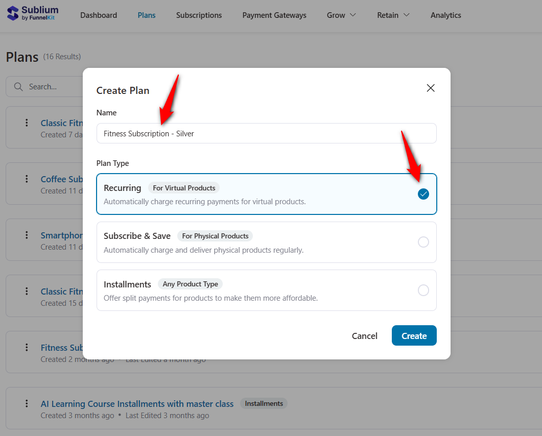 create a recurring subscription plan in sublium