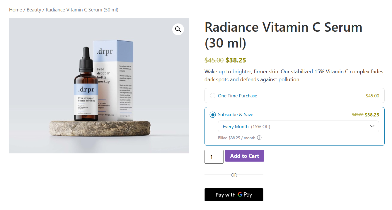 test run your subscription plan on the woocommerce product page