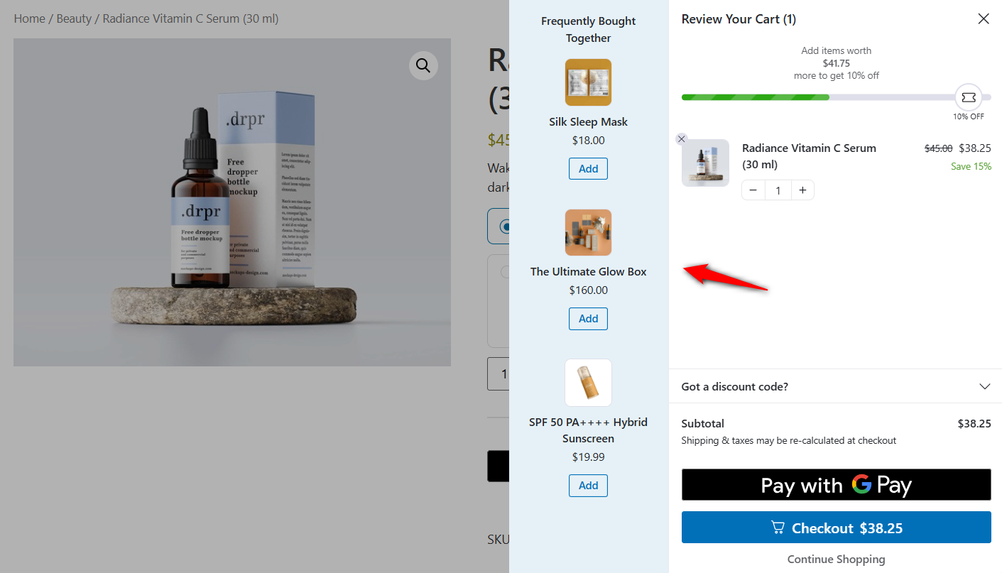 preview upsell product recommendations inside the side cart