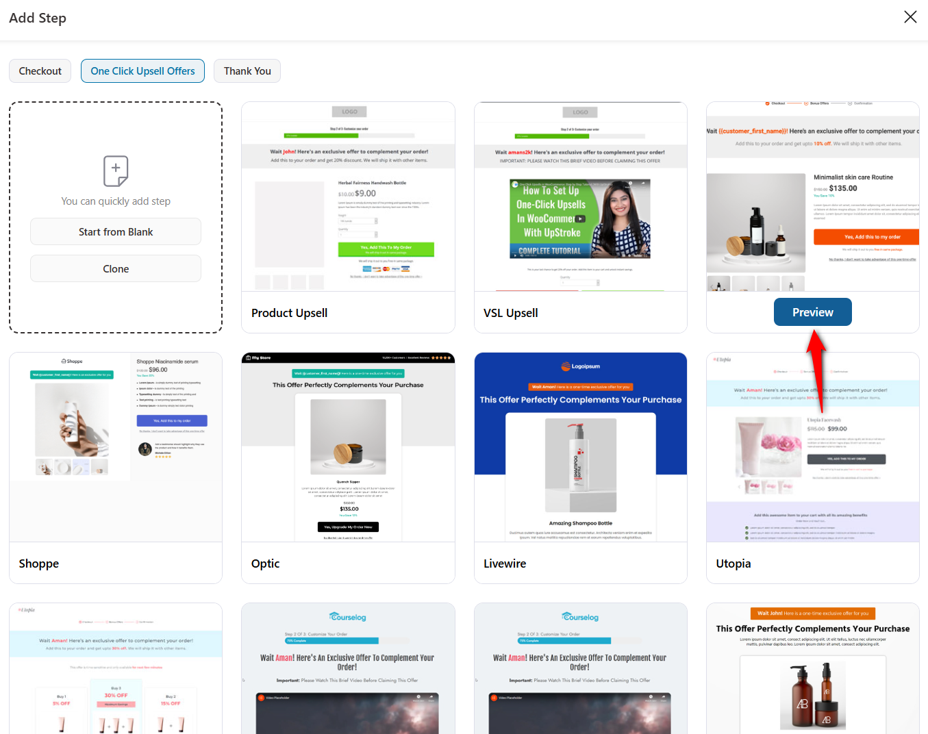 import one-click upsell page templates 