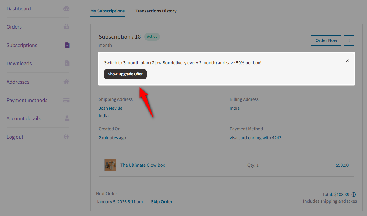 show upgrade offer inside woocommerce my account page