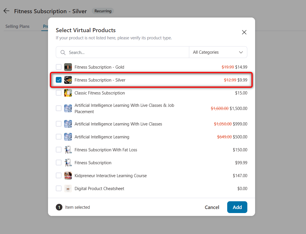 search for the product by name or select it from the categories