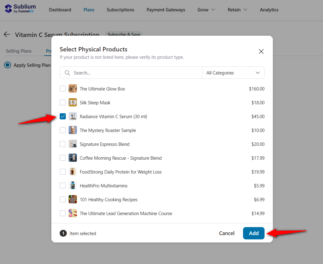 select the product to be added to your subscription plan