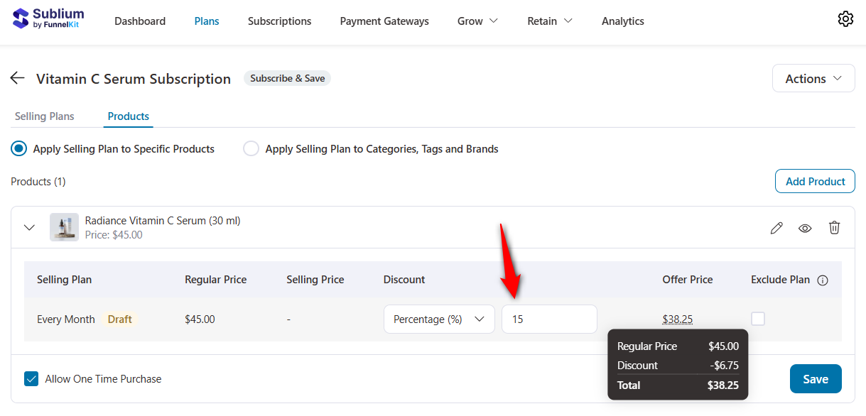 product added to subscription plan - configure discount and offer price