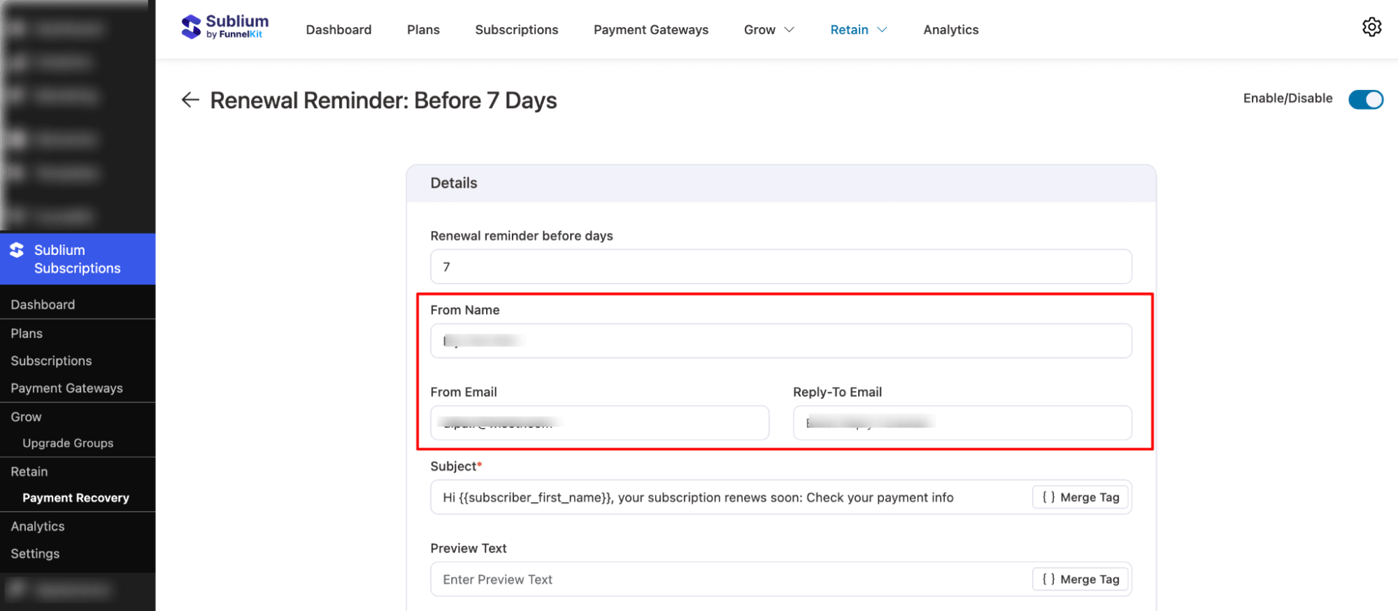 set from name and email for Automated WooCommerce Subscription Reminder Emails