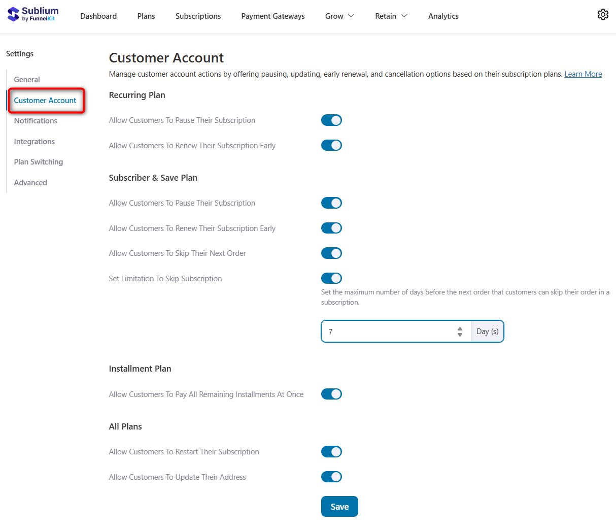 manage customer account action settings in sublium
