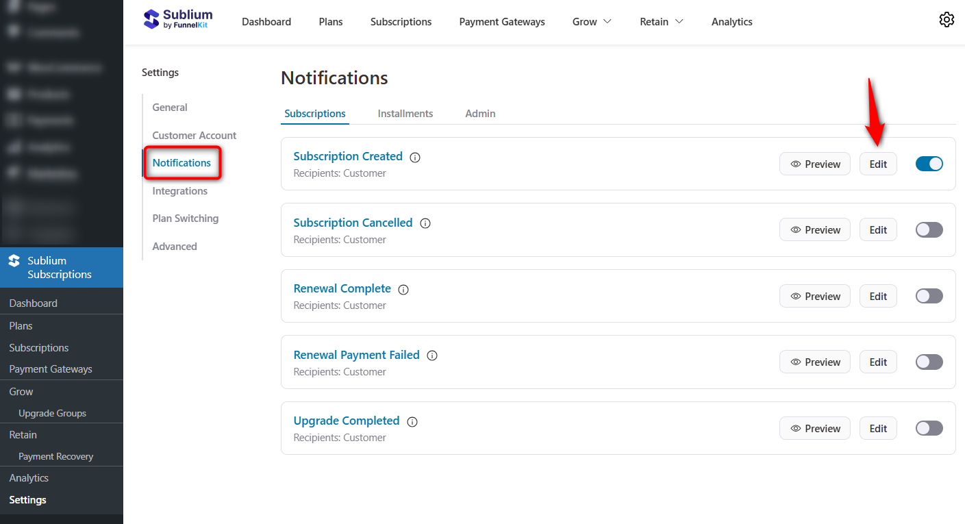 click on edit next to subscription created email