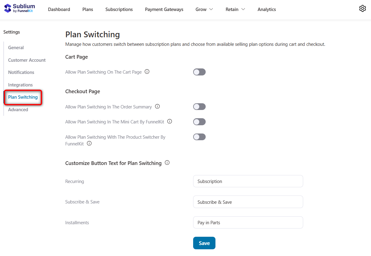woocommerce subscription plan switching settings to show upgrade offers on the cart page, checkout page and customize the button text