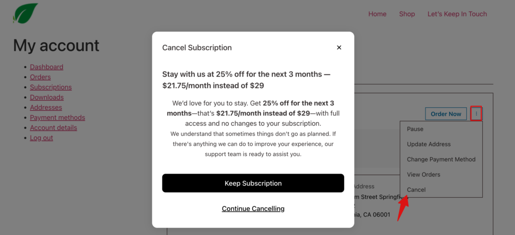 Benefit modal cancellation flow