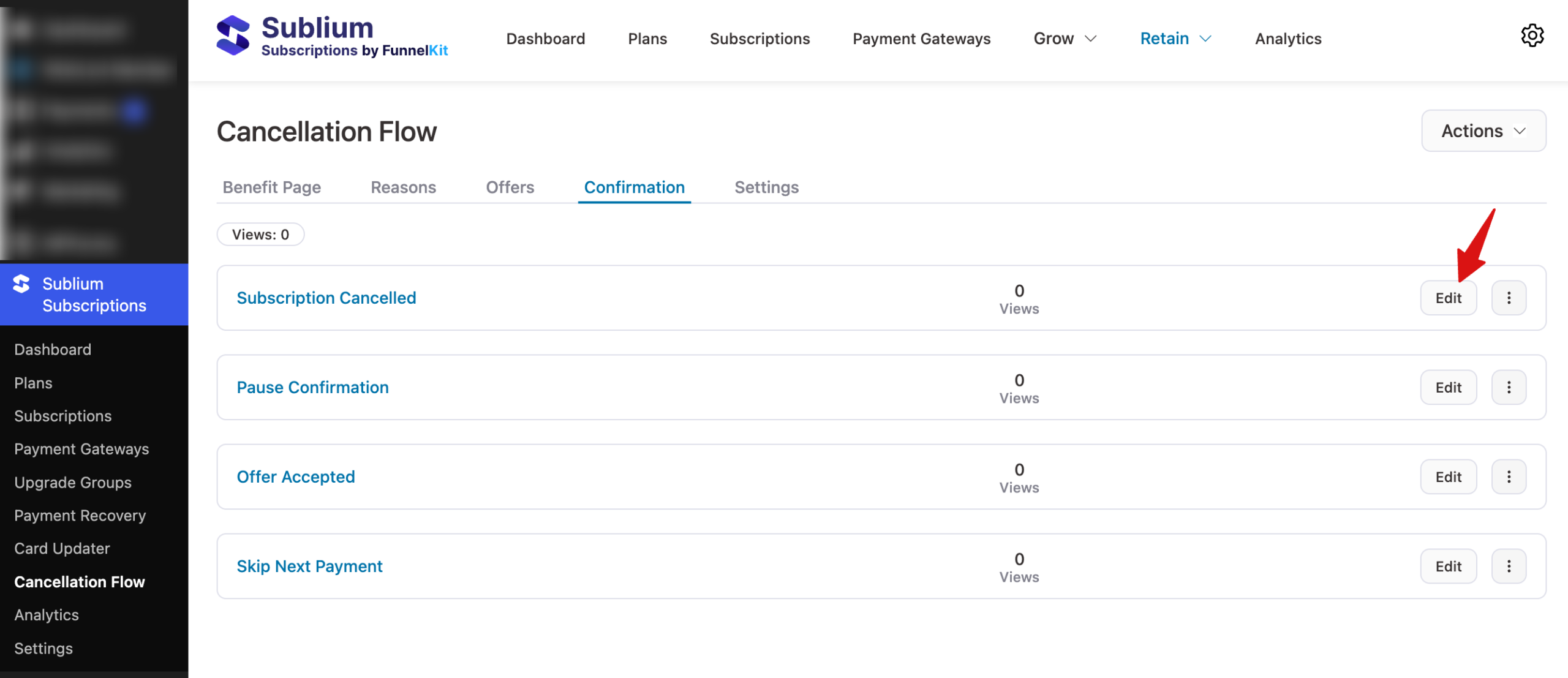 Click on the Edit button next to confirmation type to open the editor.