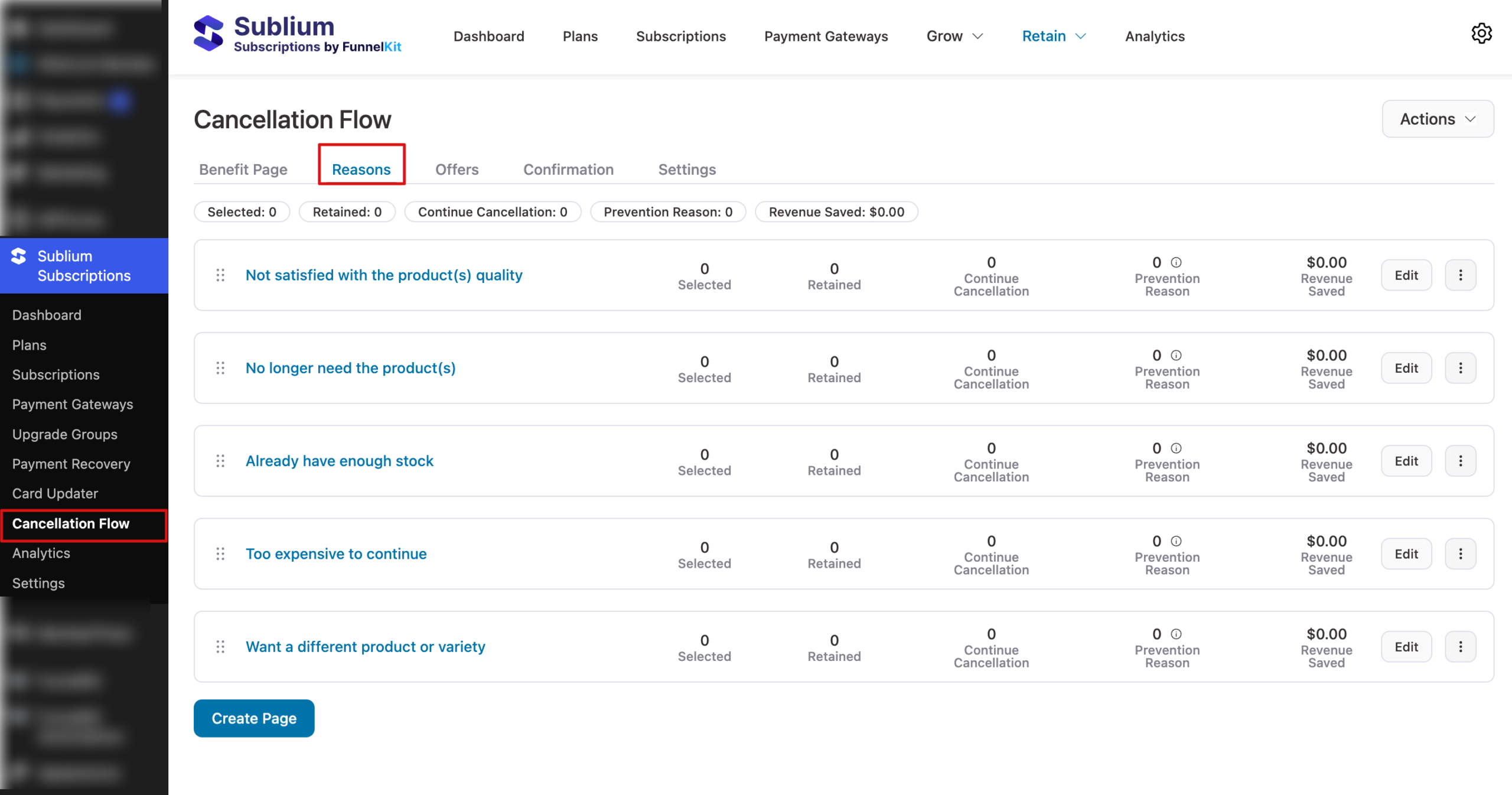 Navigate to Sublium Subscription > Retain > Cancellation Flows and click the Reasons tab.