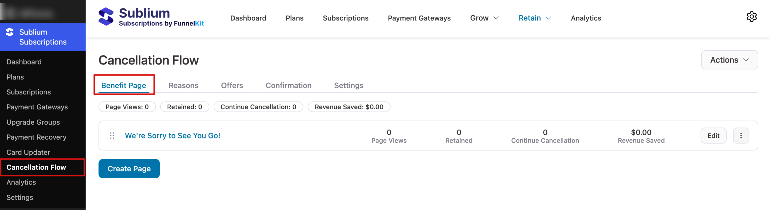 Navigate to Sublium Subscriptions ⇒ Cancellation Flows and click the Benefits tab