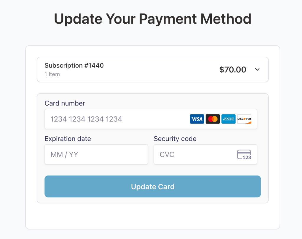 UI panel titled 'Update Your Payment Method' with a card-like form showing Subscription #1440, 1 item, and .00; includes a card number field with card logos, expiration date, CVC, and a blue 'Update Card' button.