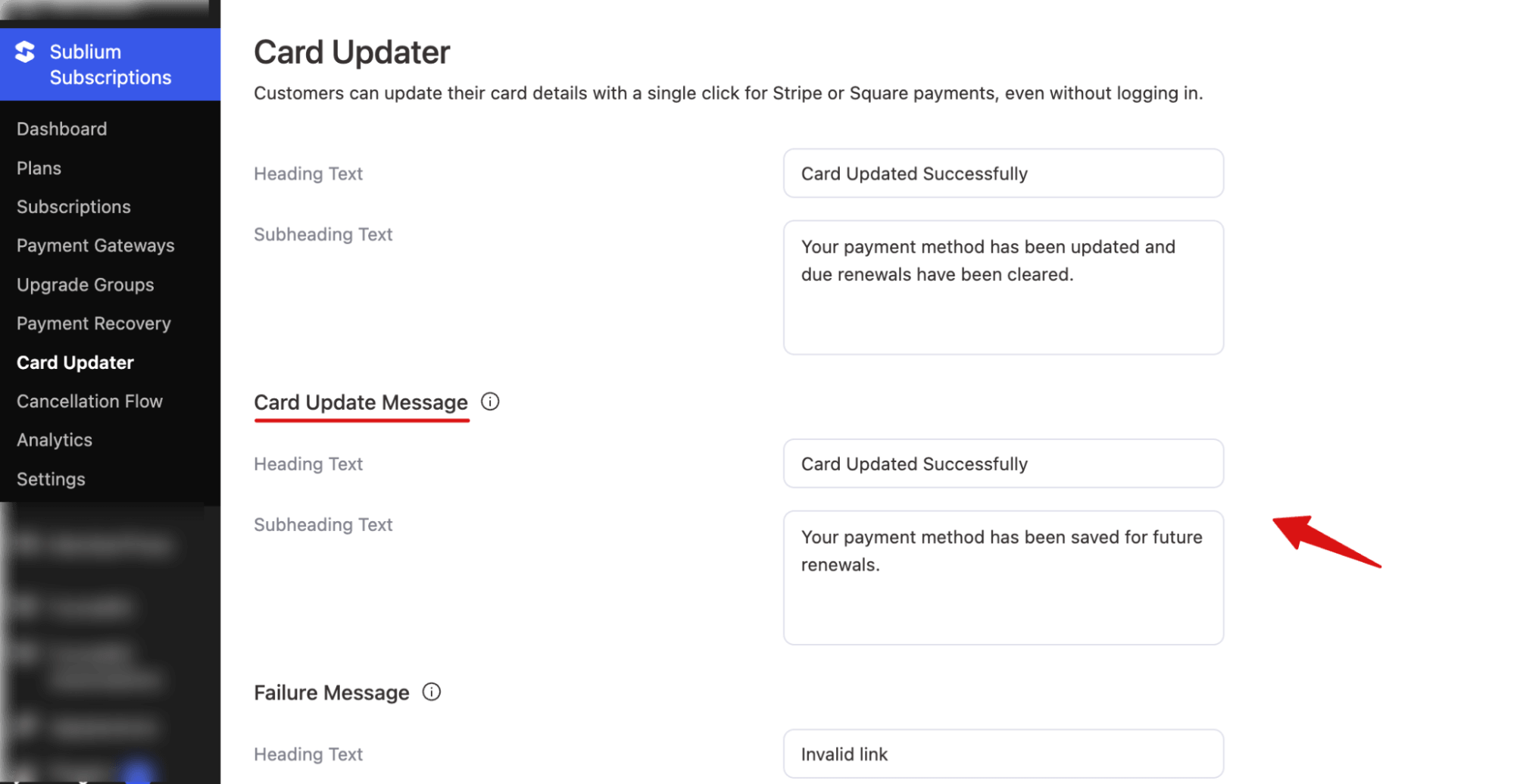 card updater message