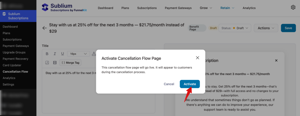 confirm activation of benefit page