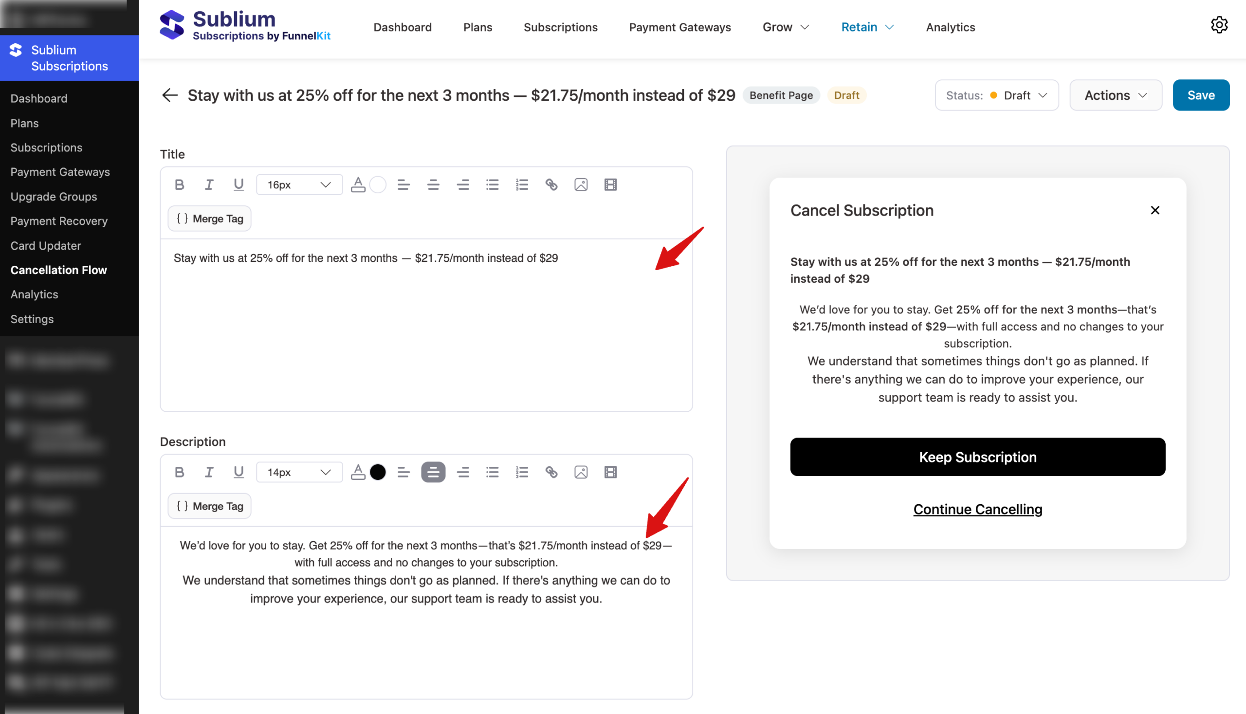 edit title and description for benefit page