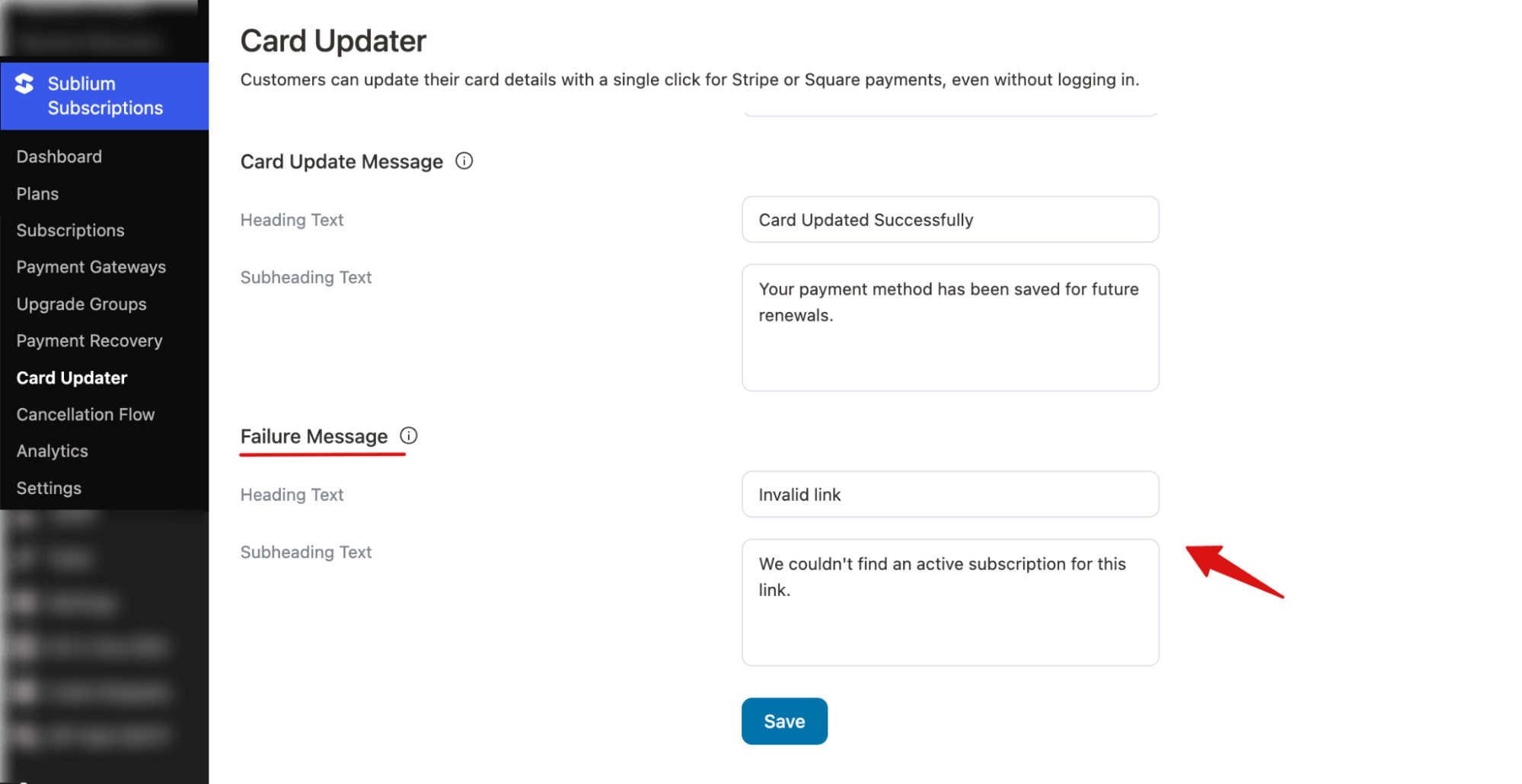 failure message card updater
