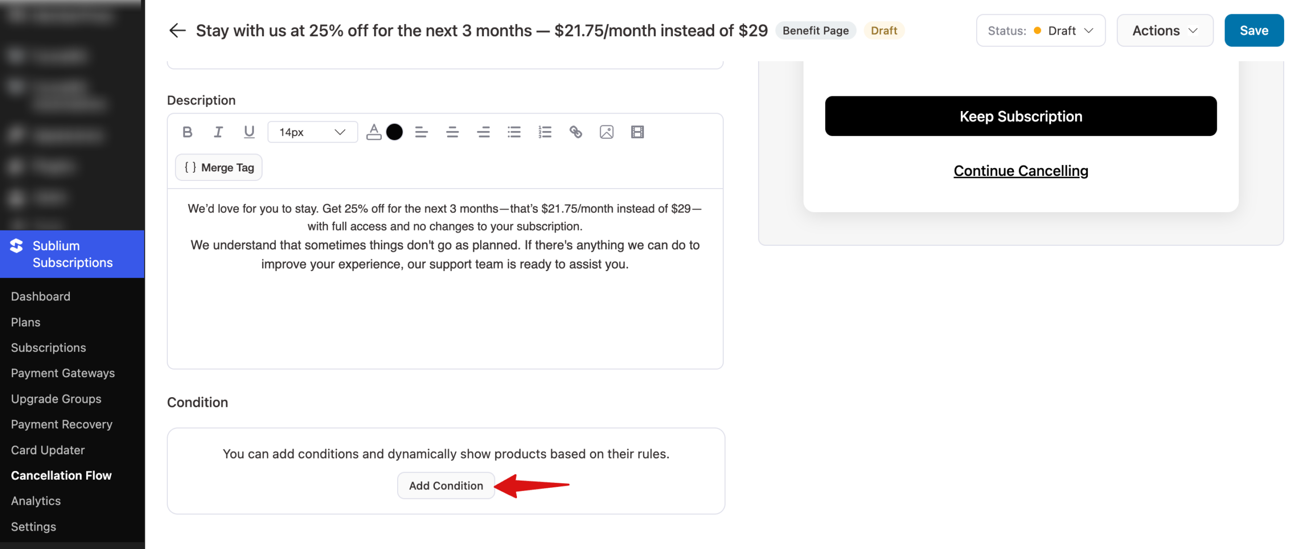 hit add condition for benefit page