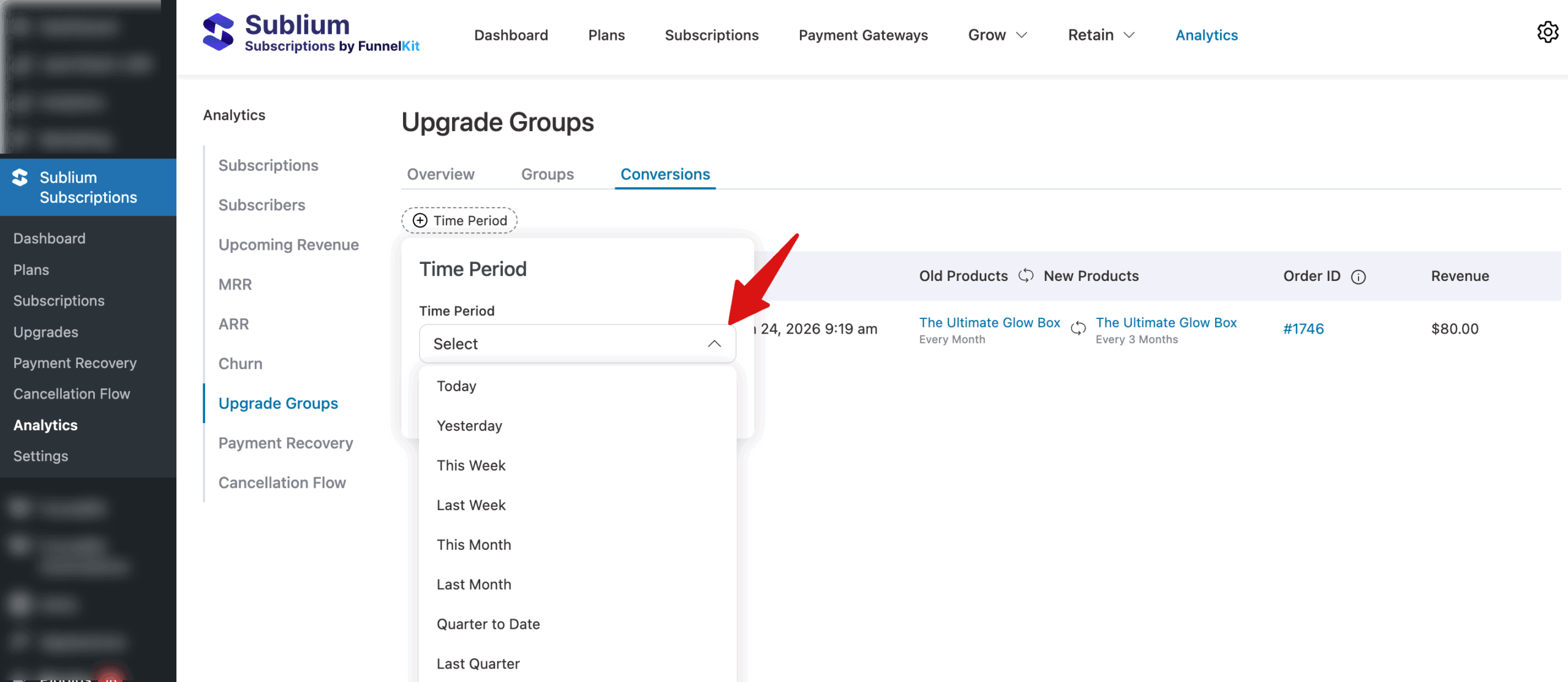 Date range selector for conversion data with options including Today, Yesterday,This Week, Last Month, Quarter to Date, Last Year, and Custom Date Range