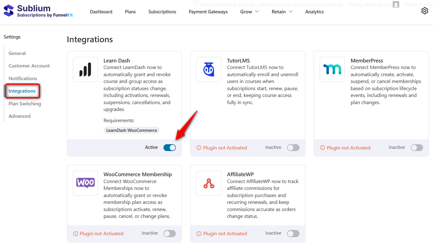 enable learndash integrations to set up subscriptions in woocommerce with sublium