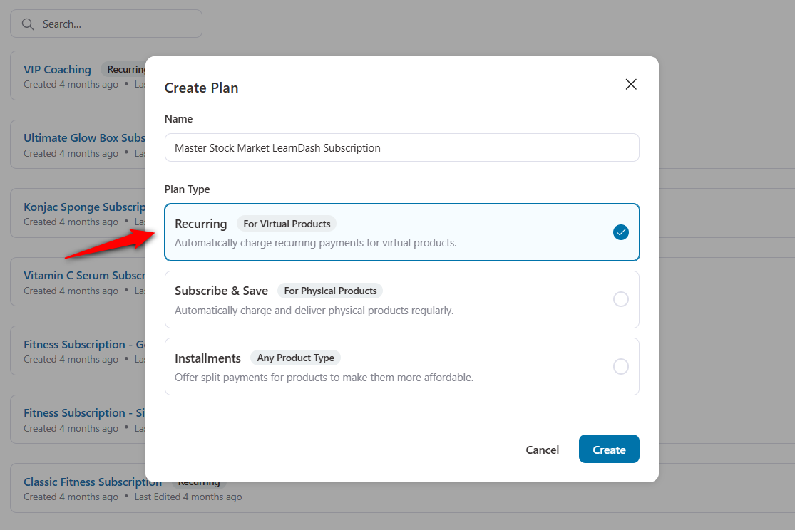 Enter your learndash woocommerce subscriptions plan name and select recurring as the plan type