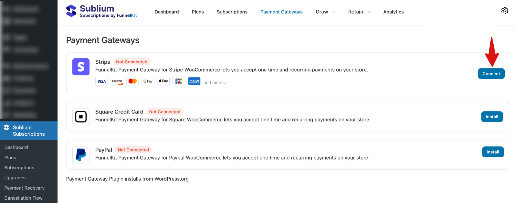 hit connect to connect stripe plugin with the account - Sublium hit connect to connect stripe plugin with the account