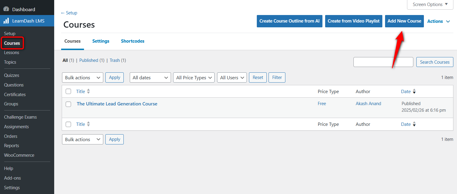 LearnDash courses and click on the add new course button
