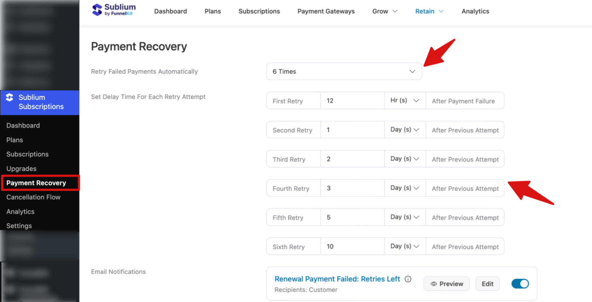 set up failed payment recovery schedules - Sublium set up failed payment recovery schedules