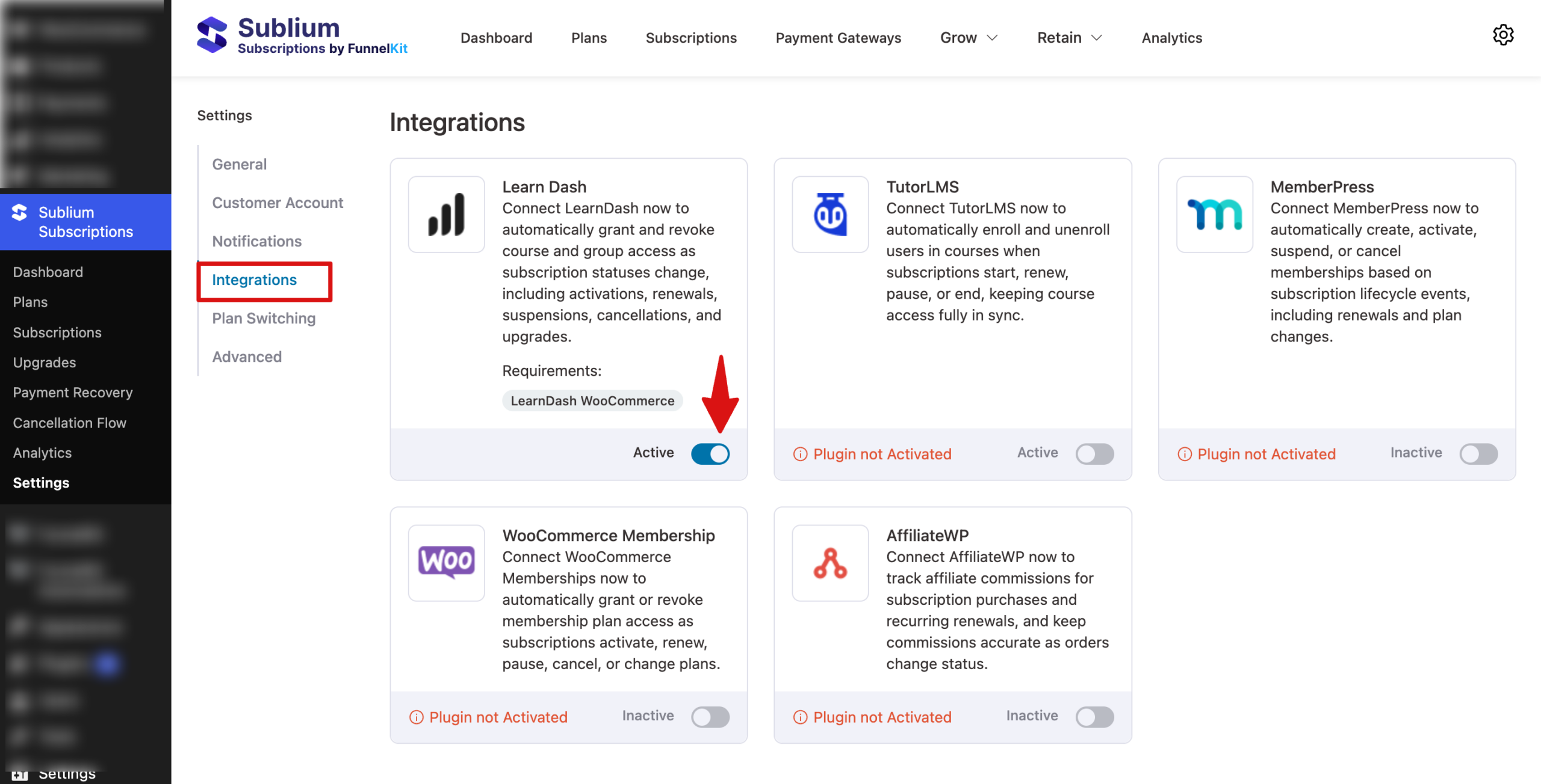 Activate LearnDash LMS and Sublium Subscription integrations toggle in settings panel