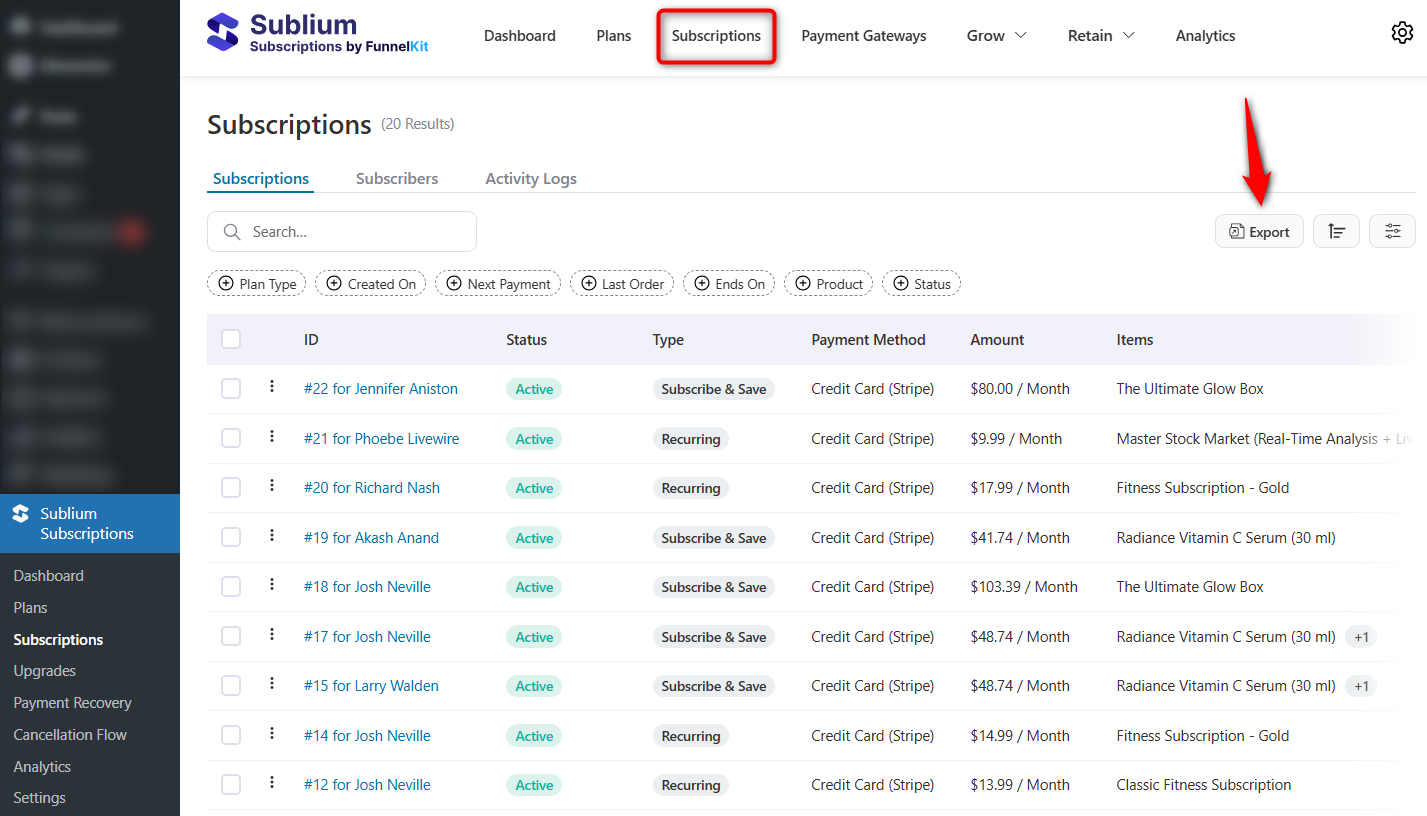 Click on the 'Export' button from the subscriptions section  