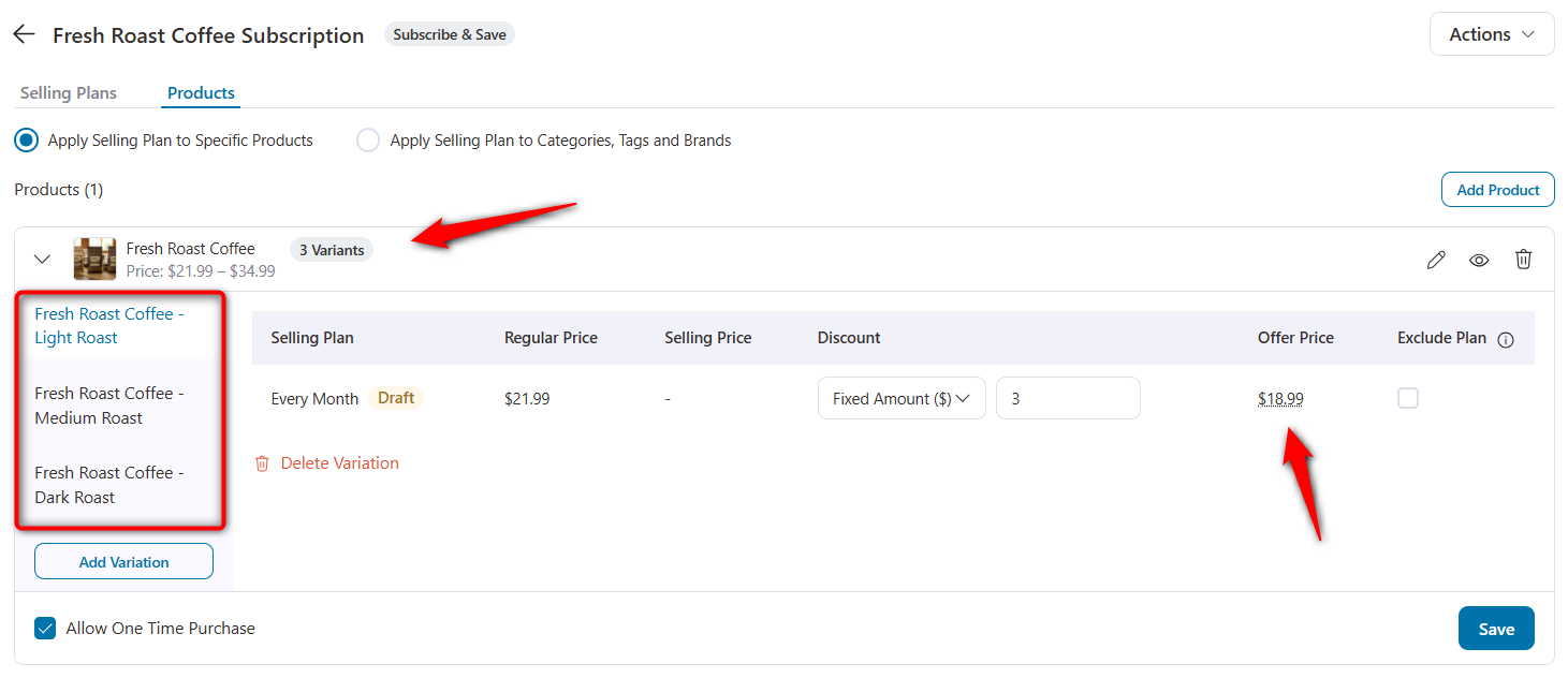 enter the discount and selling price of the woocommerce variable subscription