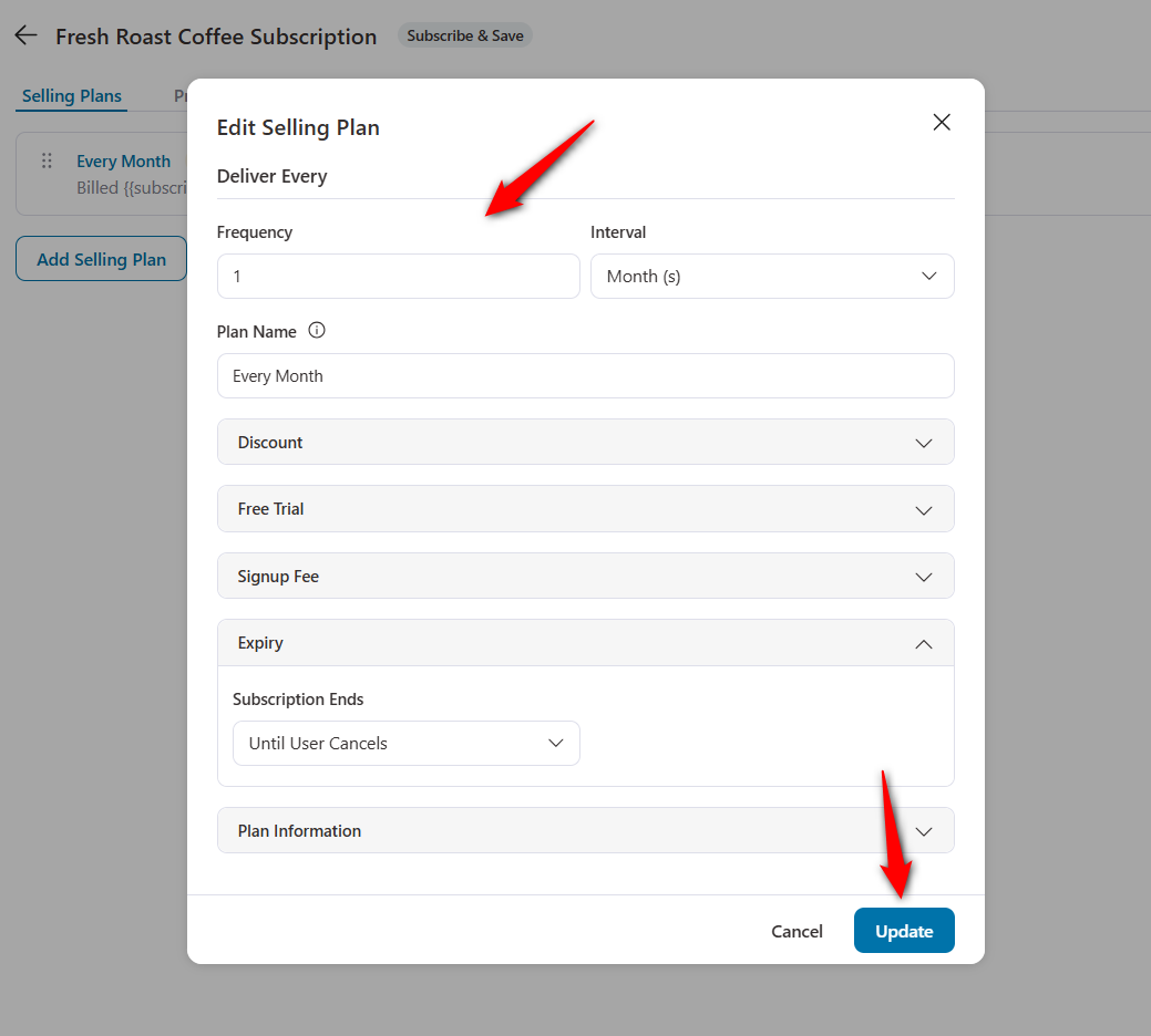 customize the selling plan frequency, discount, free trial, signup fee and expiry for your variable subscription in woocommerce