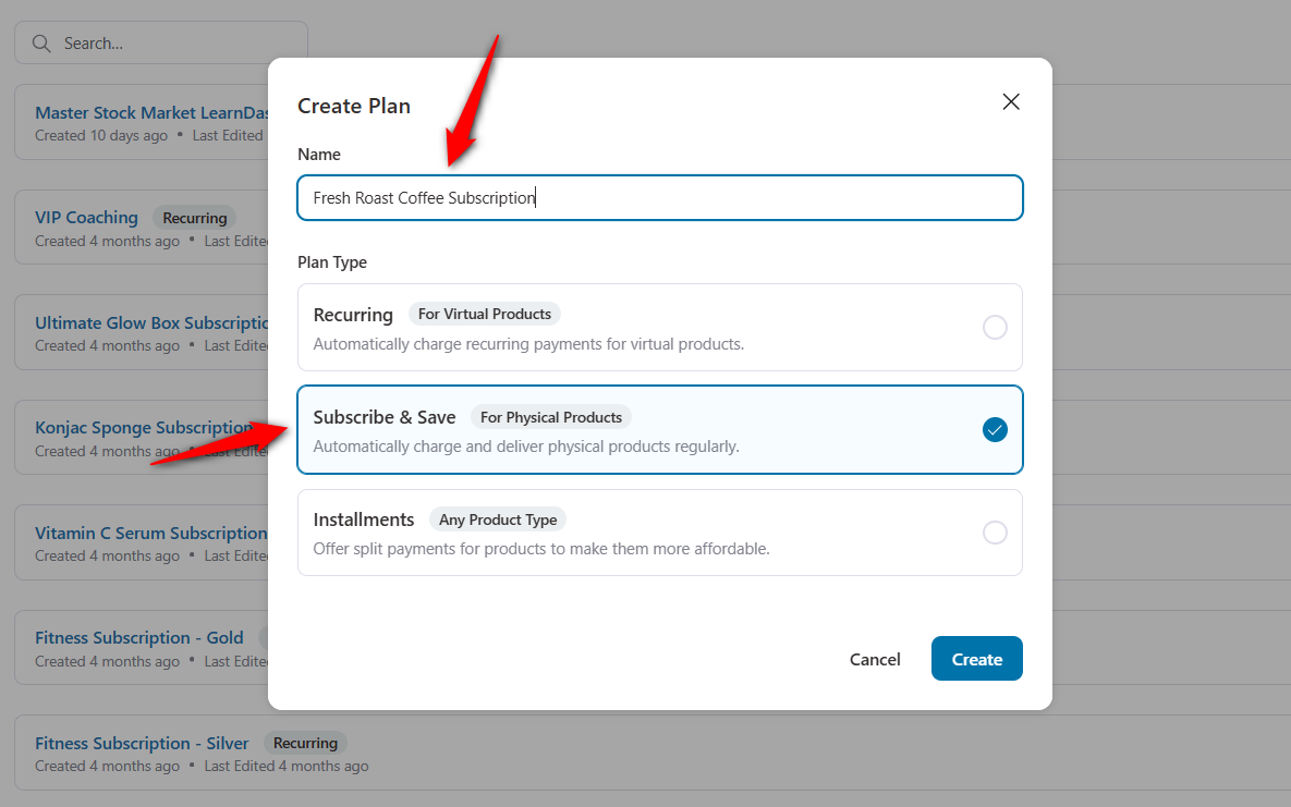 Enter your plan name and select subscribe and save for coffee variable subscription in woocommerce