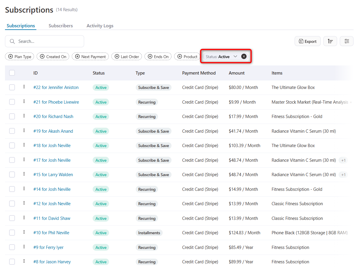 Filter active woocommerce subscriptions to export