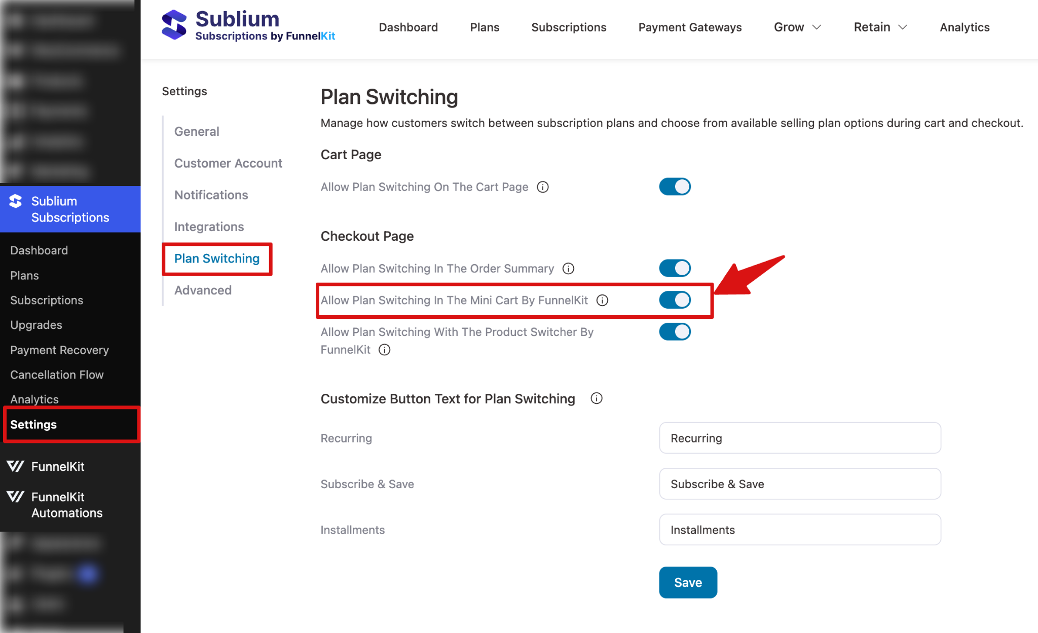 Sublium plan switching setting in FunnelKit Cart